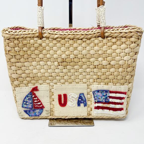 Quacker Factory USA Patriotic Wicker Tote Bag Purse Flag Sequin Embellished - Picture 3 of 16